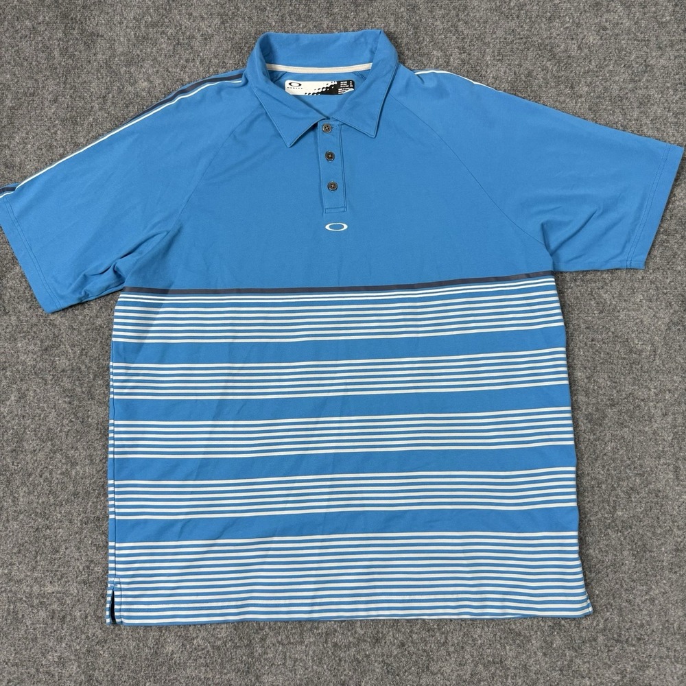 🔵 Oakley Golf Polo Shirt Mens XL Blue Striped Performance Ohydrolix Stitched